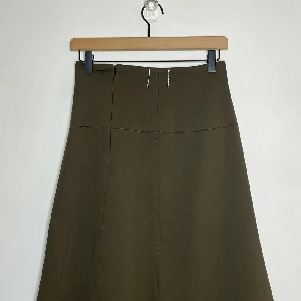 BASSIKE Flare Skirt Women's Size 0 Olive Green Stretch High Waist Midi - Picture 5 of 9